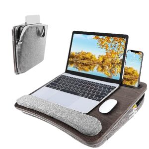lap desk laptop bed table: home office portable computer lapdesk with soft pillow cushion and storage bag - wood wide writing padded tray for work and gaming on couch - fits up to 15.6 inch laptop