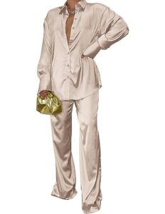 ekouaer womens silky loungewear loose satin sleepwear classic long sleeve two piece pajama set champagne s