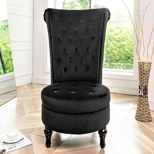 Container Furniture Direct Royal High-Back Velvet Accent Chair for Vanity with Storage and Luxurious Upholstery, Retro Design and Versatile Usage for Living Room, Bedroom, Lounge and Office, Black