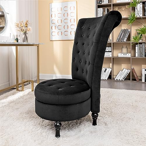 Container Furniture Direct Royal High-Back Velvet Accent Chair for Vanity with Storage and Luxurious Upholstery, Retro Design and Versatile Usage for Living Room, Bedroom, Lounge and Office, Black