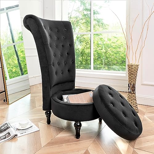 Container Furniture Direct Royal High-Back Velvet Accent Chair for Vanity with Storage and Luxurious Upholstery, Retro Design and Versatile Usage for Living Room, Bedroom, Lounge and Office, Black