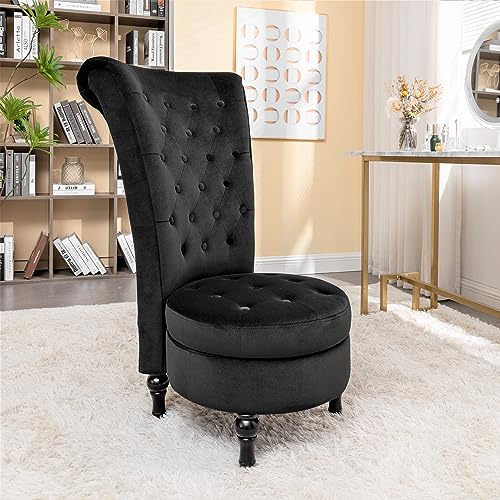 Container Furniture Direct Royal High-Back Velvet Accent Chair for Vanity with Storage and Luxurious Upholstery, Retro Design and Versatile Usage for Living Room, Bedroom, Lounge and Office, Black