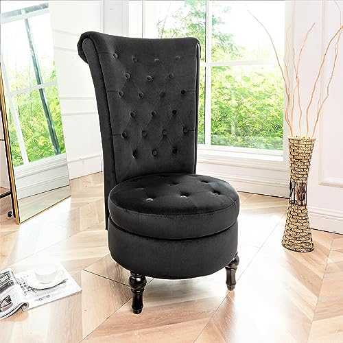 Container Furniture Direct Royal High-Back Velvet Accent Chair for Vanity with Storage and Luxurious Upholstery, Retro Design and Versatile Usage for Living Room, Bedroom, Lounge and Office, Black