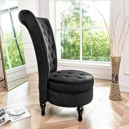 Container Furniture Direct Royal High-Back Velvet Accent Chair for Vanity with Storage and Luxurious Upholstery, Retro Design and Versatile Usage for Living Room, Bedroom, Lounge and Office, Black