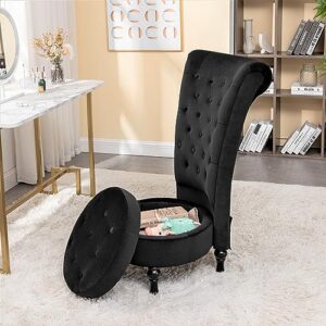 Container Furniture Direct Royal High-Back Velvet Accent Chair for Vanity with Storage and Luxurious Upholstery, Retro Design and Versatile Usage for Living Room, Bedroom, Lounge and Office, Black