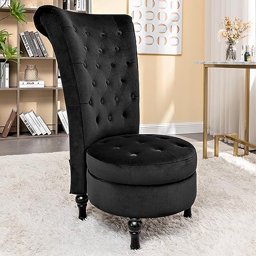 Container Furniture Direct Royal High-Back Velvet Accent Chair for Vanity with Storage and Luxurious Upholstery, Retro Design and Versatile Usage for Living Room, Bedroom, Lounge and Office, Black