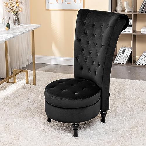 Container Furniture Direct Royal High-Back Velvet Accent Chair for Vanity with Storage and Luxurious Upholstery, Retro Design and Versatile Usage for Living Room, Bedroom, Lounge and Office, Black