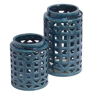 elements decorative ceramic cut out lanterns, blue, set of 2, 7 and 10 inch