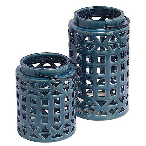 Elements Decorative Ceramic Cut Out Lanterns, Blue, Set of 2, 7 and 10 Inch