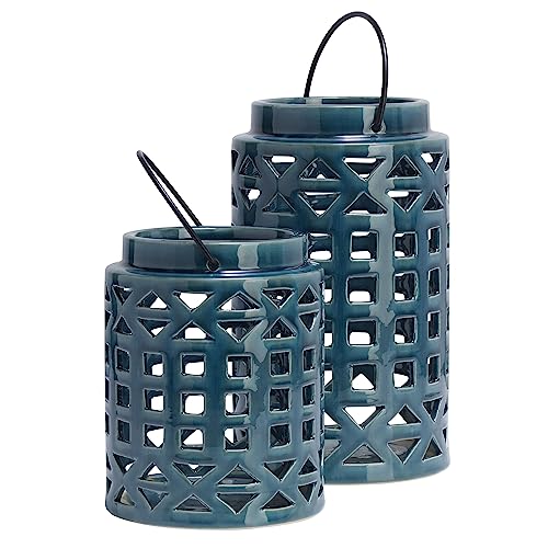 Elements Decorative Ceramic Cut Out Lanterns, Blue, Set of 2, 7 and 10 Inch