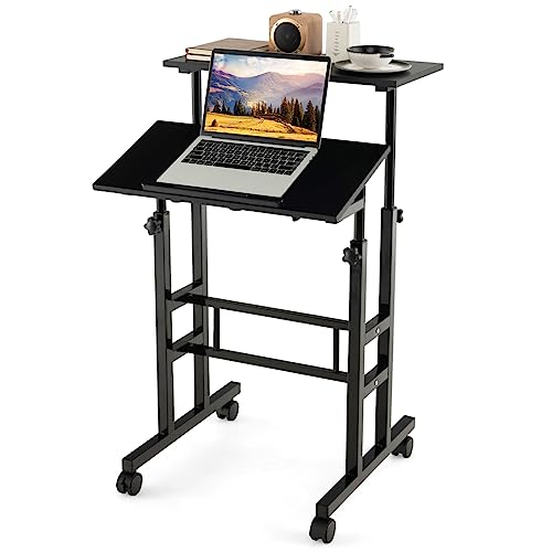 Tangkula Mobile Standing Desk Stand Up Desk, Height Adjustable Computer Desk with Standing & Seating 2 Modes, Tilting Tabletop & Flexible Wheels, Rolling Laptop Cart Sit Stand Desk