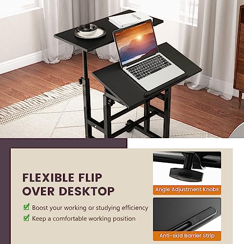 Tangkula Mobile Standing Desk Stand Up Desk, Height Adjustable Computer Desk with Standing & Seating 2 Modes, Tilting Tabletop & Flexible Wheels, Rolling Laptop Cart Sit Stand Desk
