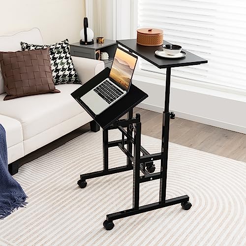 Tangkula Mobile Standing Desk Stand Up Desk, Height Adjustable Computer Desk with Standing & Seating 2 Modes, Tilting Tabletop & Flexible Wheels, Rolling Laptop Cart Sit Stand Desk