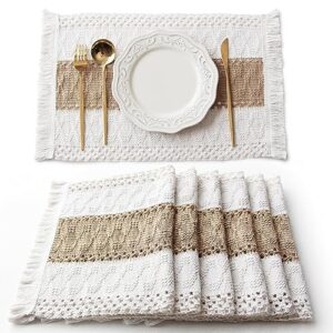 fexia boho placemats set of 6, macrame table decor and farmhouse style placemats natural cotton burlap, for dining table kitchen