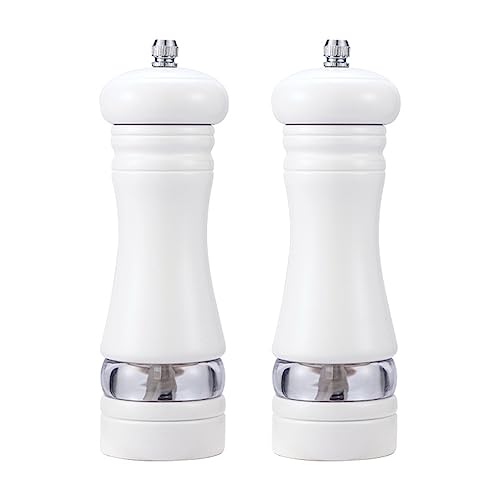 Ousyaah Salt and Pepper Grinder Set, Wooden Manual Salt & Pepper Shakers with Adjustable Coarseness Ceramic Mills, Refillable Grinder Mill Set with Acrylic Visible Window (2x White)