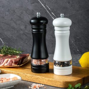 Ousyaah Salt and Pepper Grinder Set, Wooden Manual Salt & Pepper Shakers with Adjustable Coarseness Ceramic Mills, Refillable Grinder Mill Set with Acrylic Visible Window (2x White)