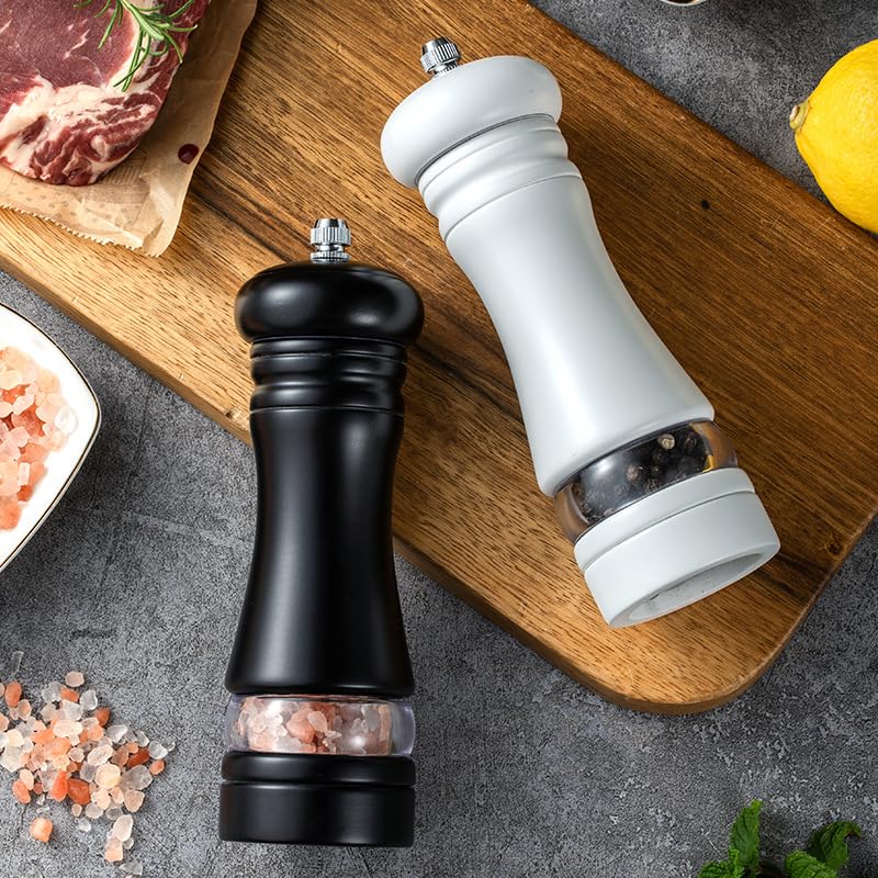 Ousyaah Salt and Pepper Grinder Set, Wooden Manual Salt & Pepper Shakers with Adjustable Coarseness Ceramic Mills, Refillable Grinder Mill Set with Acrylic Visible Window (2x White)