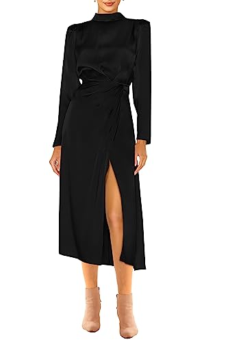 PRETTYGARDEN Women's 2023 Fall Satin Dress Long Sleeve Mock Neck Ruched Side Slit Elegant Silk Cocktail Party Maxi Dresses (Black,Large)