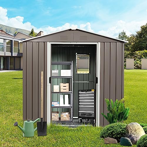 FRANSOUL 8ft x 4ft Outdoor Storage Shed with Lockable Sliding Doors,Metal Tool Shed with Anchorsï¼ŒHooks and Shelf, Garden Shed Organizer for Yard Patio Lawn Deck,Easy to Assemble,Gray