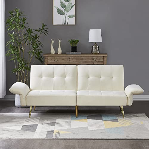Anwick Velvet Convertible Futon Sofa Bed, Memory Foam Futon Couch Sleeper Sofa, 77.5''Modern Loveseat Sofa with Adjustable Backrest and Armrests for Home Living Room Office (Beige)