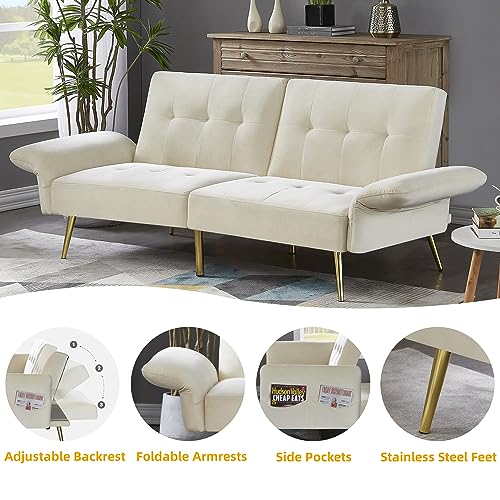 Anwick Velvet Convertible Futon Sofa Bed, Memory Foam Futon Couch Sleeper Sofa, 77.5''Modern Loveseat Sofa with Adjustable Backrest and Armrests for Home Living Room Office (Beige)