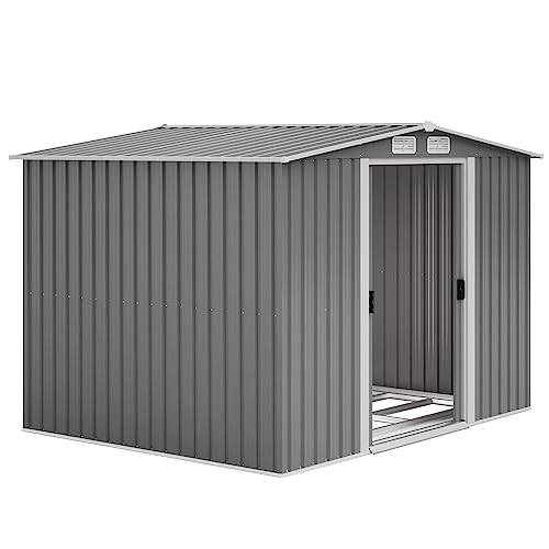 Goohome 8x6 FT Sheds & Outdoor Storage, Sturdy Metal Galvanized Steel Garden Storage Shed W/Lockable Sliding Doors, Built-in-Handles, 4 Air Vents, Waterproof Spacious Utility Tool Storage Bike Shed