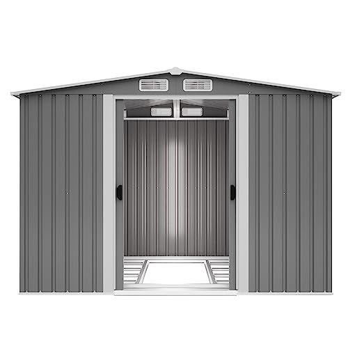 Goohome 8x6 FT Sheds & Outdoor Storage, Sturdy Metal Galvanized Steel Garden Storage Shed W/Lockable Sliding Doors, Built-in-Handles, 4 Air Vents, Waterproof Spacious Utility Tool Storage Bike Shed