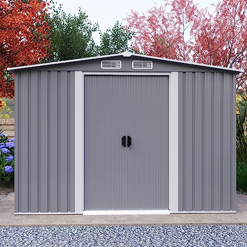 Goohome 8x6 FT Sheds & Outdoor Storage, Sturdy Metal Galvanized Steel Garden Storage Shed W/Lockable Sliding Doors, Built-in-Handles, 4 Air Vents, Waterproof Spacious Utility Tool Storage Bike Shed