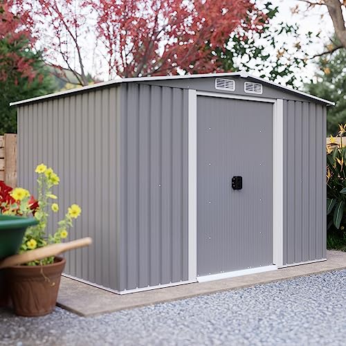 Goohome 8x6 FT Sheds & Outdoor Storage, Sturdy Metal Galvanized Steel Garden Storage Shed W/Lockable Sliding Doors, Built-in-Handles, 4 Air Vents, Waterproof Spacious Utility Tool Storage Bike Shed