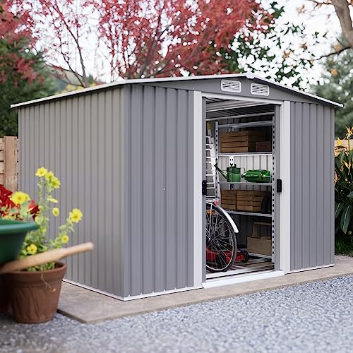 Goohome 8x6 FT Sheds & Outdoor Storage, Sturdy Metal Galvanized Steel Garden Storage Shed W/Lockable Sliding Doors, Built-in-Handles, 4 Air Vents, Waterproof Spacious Utility Tool Storage Bike Shed