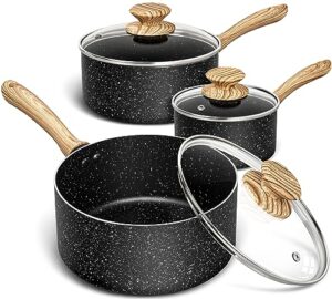 michelangelo saucepan set, nonstick sauce pans with granite coatings, stone sauce pan with lids, nonstick pot sets, sauce pots 3 piece, 1qt & 2qt & 3qt