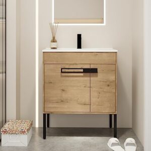 ssline 2-in-1 wall mounted & free standing bathroom vanity with sink modern 30" bathroom vanity with top basin&storage cabinet brown oak wood bath vanity w/ceramic sink for small space