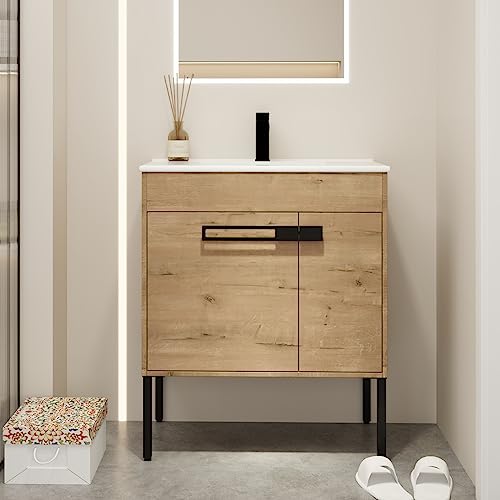 SSLine 2-in-1 Wall Mounted & Free Standing Bathroom Vanity with Sink Modern 30" Bathroom Vanity with Top Basin&Storage Cabinet Brown Oak Wood Bath Vanity w/Ceramic Sink for Small Space