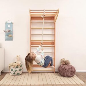 woodandhearts montessori toddler swedish ladder and single rope swing with round seat present for toddlers wooden gym kids climber indoor play set in coral color
