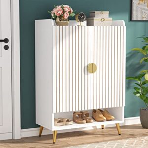 tribesigns shoe cabinet with doors, 7-tier shoe storage cabinet with adjustable shelves, wooden shoes rack shoe storage organizer for entryway, hallway, closet, living room, gold white