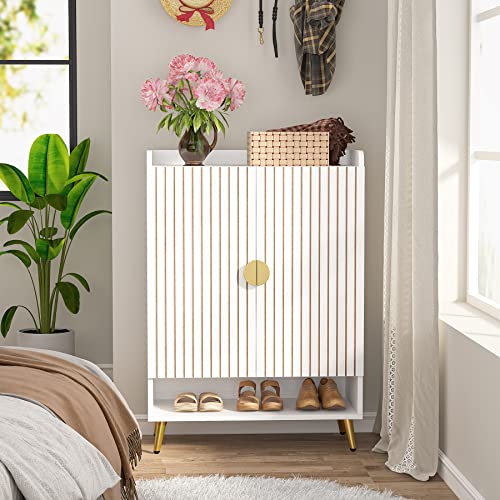 Tribesigns Shoe Cabinet with Doors, 7-Tier Shoe Storage Cabinet with Adjustable Shelves, Wooden Shoes Rack Shoe Storage Organizer for Entryway, Hallway, Closet, Living Room, Gold White