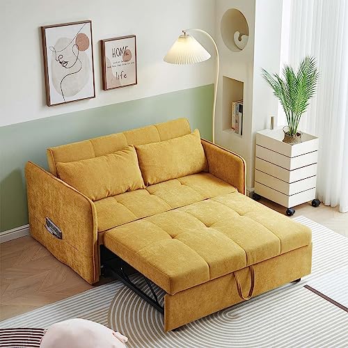 Antetek 3 in 1 Convertible Sleeper Sofa Bed, Modern Chenille Loveseat Futon Sofa Couch w/Pullout Bed, Reclining Backrest, Adjustable Arm, Pillows, Small Love Seat Lounge Sofa for Living Room, Yellow