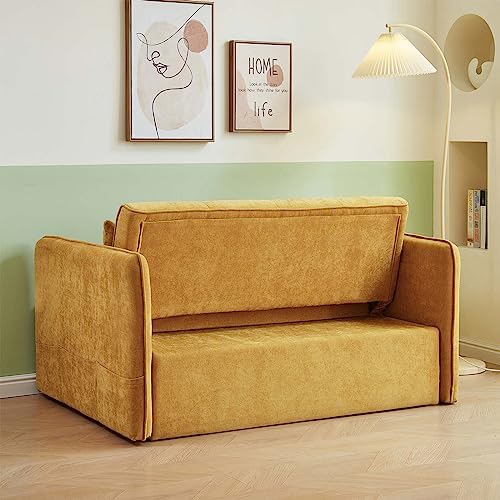Antetek 3 in 1 Convertible Sleeper Sofa Bed, Modern Chenille Loveseat Futon Sofa Couch w/Pullout Bed, Reclining Backrest, Adjustable Arm, Pillows, Small Love Seat Lounge Sofa for Living Room, Yellow