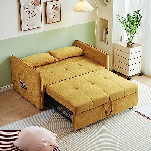 Antetek 3 in 1 Convertible Sleeper Sofa Bed, Modern Chenille Loveseat Futon Sofa Couch w/Pullout Bed, Reclining Backrest, Adjustable Arm, Pillows, Small Love Seat Lounge Sofa for Living Room, Yellow