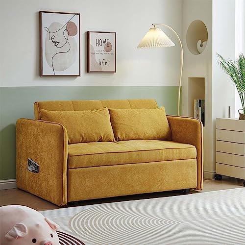 Antetek 3 in 1 Convertible Sleeper Sofa Bed, Modern Chenille Loveseat Futon Sofa Couch w/Pullout Bed, Reclining Backrest, Adjustable Arm, Pillows, Small Love Seat Lounge Sofa for Living Room, Yellow