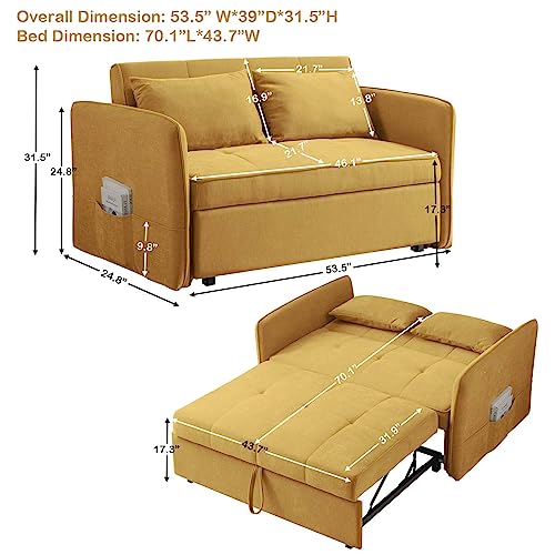 Antetek 3 in 1 Convertible Sleeper Sofa Bed, Modern Chenille Loveseat Futon Sofa Couch w/Pullout Bed, Reclining Backrest, Adjustable Arm, Pillows, Small Love Seat Lounge Sofa for Living Room, Yellow