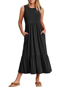 anrabess women's casual summer sleeveless ruffle sundress round neck a-line pleated maxi dress with pockets 499heise-xxl black