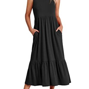 ANRABESS Women's Casual Summer Sleeveless Ruffle Sundress Round Neck A-Line Pleated Maxi Dress with Pockets 499heise-XXL Black