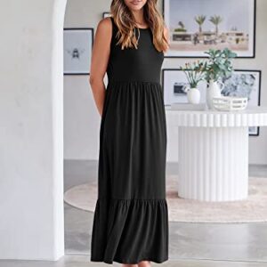 ANRABESS Women's Casual Summer Sleeveless Ruffle Sundress Round Neck A-Line Pleated Maxi Dress with Pockets 499heise-XXL Black