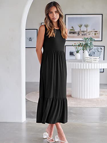 ANRABESS Women's Casual Summer Sleeveless Ruffle Sundress Round Neck A-Line Pleated Maxi Dress with Pockets 499heise-XXL Black