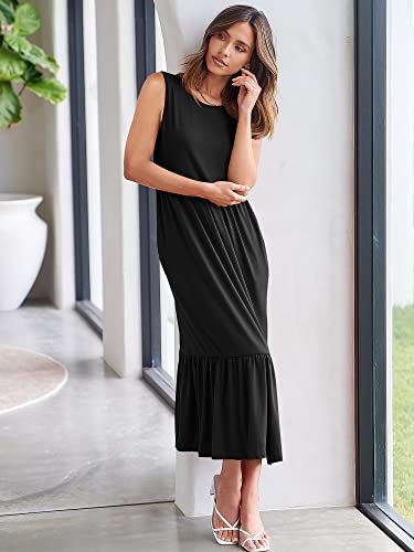 ANRABESS Women's Casual Summer Sleeveless Ruffle Sundress Round Neck A-Line Pleated Maxi Dress with Pockets 499heise-XXL Black