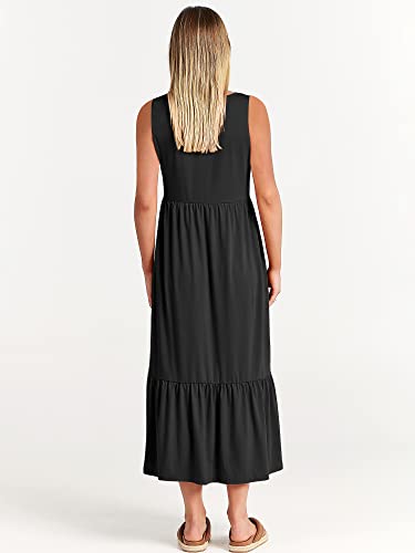 ANRABESS Women's Casual Summer Sleeveless Ruffle Sundress Round Neck A-Line Pleated Maxi Dress with Pockets 499heise-XXL Black