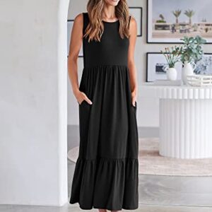 ANRABESS Women's Casual Summer Sleeveless Ruffle Sundress Round Neck A-Line Pleated Maxi Dress with Pockets 499heise-XXL Black