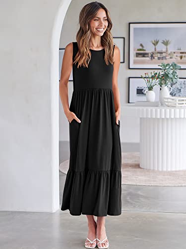 ANRABESS Women's Casual Summer Sleeveless Ruffle Sundress Round Neck A-Line Pleated Maxi Dress with Pockets 499heise-XXL Black