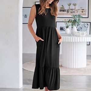 ANRABESS Women's Casual Summer Sleeveless Ruffle Sundress Round Neck A-Line Pleated Maxi Dress with Pockets 499heise-XXL Black